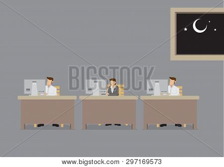 Employees Busy Working In Front Of Computer In Office At Night. Vector Cartoon Illustration On Conce