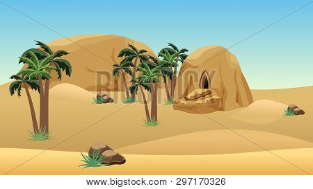 Desert Landscape Scene For Cartoon Or Game Background. Forgotten Desert City In Sandy Rocks For Game