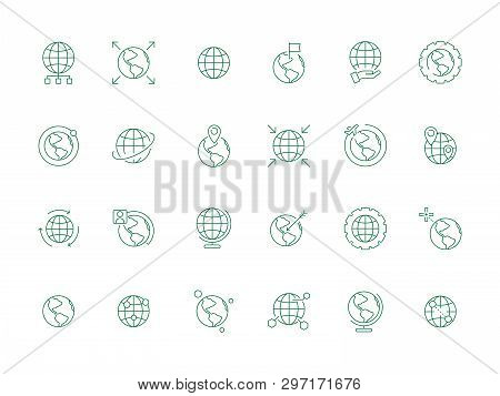 World Globe Icon. Earth Map Ways Direction Navigations Markers And Flags International Vector Symbol