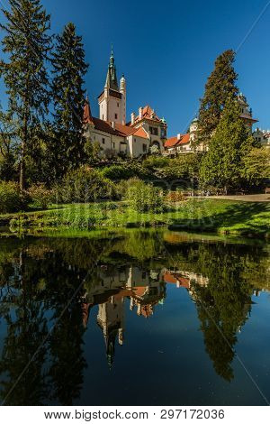 Pruhonice, Czech Republic - April 22 2019: Scenic Landscape Of Famous Romantic Pruhonice Castle, Sta