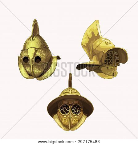 Different Kinds Of Gladiator Helmets In Ancient Rome, Vector Illustration