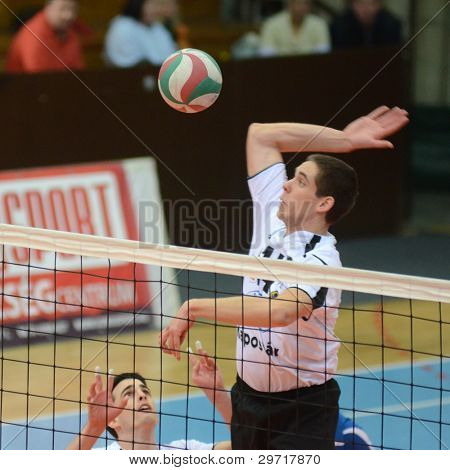 KAPOSVAR, Ungheria - 28 gennaio: Roland Vajda (R) in azione a un ungherese pallavolo nazionale Champi