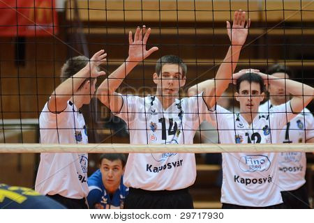 KAPOSVAR, Ungheria - 28 gennaio: Roland Vajda (14) in azione presso un campione nazionale di pallavolo ungherese