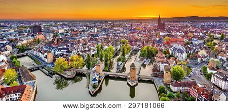 Ponts Couverts Bridges And Historic Quarter Petite France In Strasbourg At Sunrise