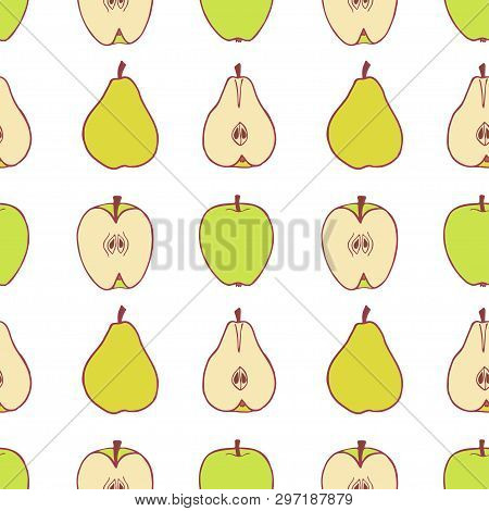 Fruit Pear And Apple Seamless Pattern, Great Design For Any Purposes. Hand Drawn Fabric Texture Patt
