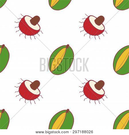Fruit Mango And Rambutan Seamless Pattern, Great Design For Any Purposes. Hand Drawn Fabric Texture 