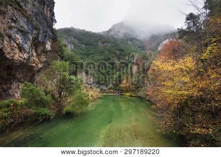 Autumn Landscape, River In Somiedo Natural Park, Asturias, Spain.