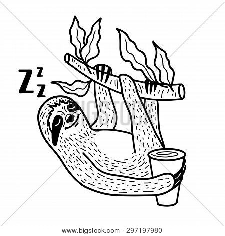 Sleeping Sloth Nahging On A Tree Branch With A Cup Of Coffee. Hand Drawn, Doodle Style. Cute Funny V