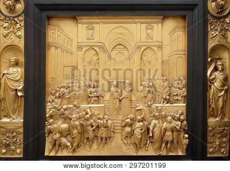 FLORENCE, ITALY - JANUARY 09, 2019: Florence cathedral, Baptistry of Saint John, Gates of Paradise, Queen of Sheba and King Solomon, Florence, Italy