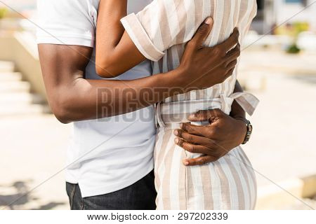 Close Up Outdoor Protrait Of Black African American Couple Embracing Each Other