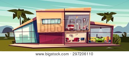 Detached House With Cross Section Between Palms. Front View Of Cartoon Multistorey Private Building,