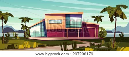 Luxury Villa On Tropical Beach Cartoon Illustration. High-class House Exterior With Glass Facade, Ga