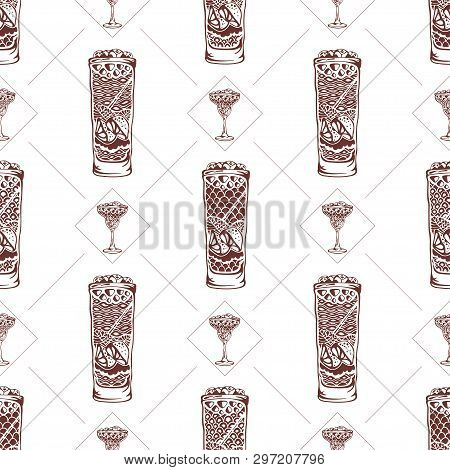Seamless Pattern With Glasses And Cocktails On A White Background. Vector Illustration