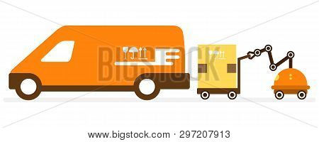 Vector Illustration With Robot Loader Loads Boxes Into A Car. Automation Warehouse Processes. Smart 