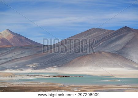 Salar De Talar Salt Lakes With The Incredible Cerro Medano Mountain In The Backdrop, Chilean Andes, 