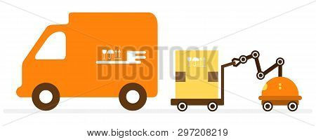 Vector Illustration With Robot Loader Loads Boxes Into A Truck. Automation Warehouse Processes. Smar