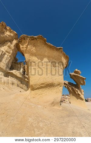 Desertic Landscape Of Erosion Rocks, Natural Formations In Bolnuevo, Murcia, Spain.