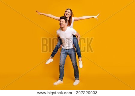 Full Length Body Size View Portrait Of His He Her She Two Nice Attractive Playful Cheerful Optimisti