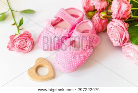 Newborn. Baby Accessories On A Light Background. Selective Focus.