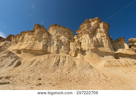 Desertic Landscape Of Erosion Rocks, Natural Formations In Bolnuevo, Murcia, Spain.