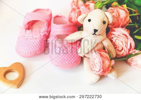 Newborn. Baby Accessories On A Light Background. Selective Focus.
