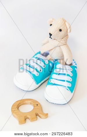 Newborn. Baby Accessories On A Light Background. Selective Focus.