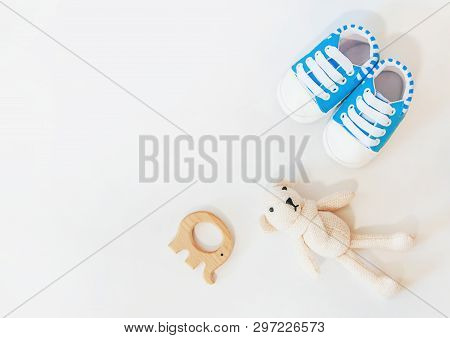 Newborn. Baby Accessories On A Light Background. Selective Focus.