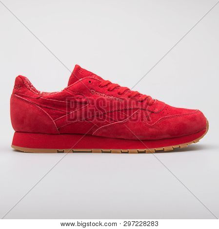 Vienna, Austria - August 7, 2017: Reebok Classic Cl Leather Tdc Red Sneaker On White Background.