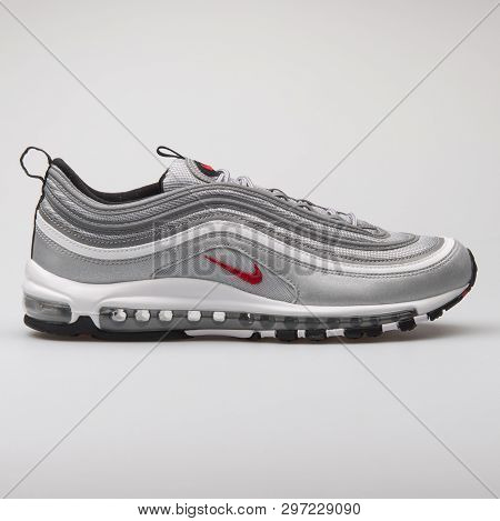 Vienna, Austria - August 7, 2017: Nike Air Max 97 Og Qs Metallic Grey Sneaker On White Background.