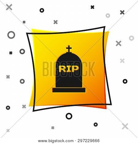 Black Tombstone With Rip Written On It Icon Isolated On White Background. Grave Icon. Yellow Square 
