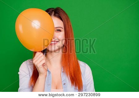 Close Up Photo Beautiful Amazing Funky She Her Foxy Lady Hide Half Face Hold Air Balloon Arm Hand Ch