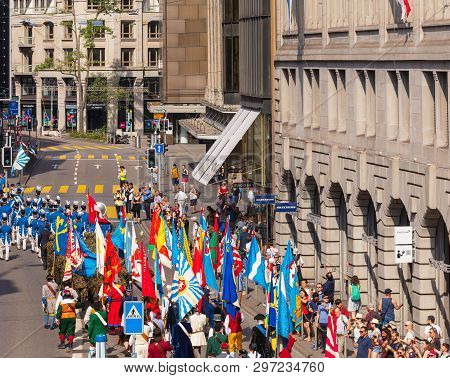Zurich, Switzerland - August 1, 2018: Participants Of The Parade Devoted To The Swiss National Day P