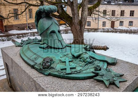 Helsinki, Finland - February 18, 2019: Monument With Shield And Knight Helmet Located Near Ehrensvar