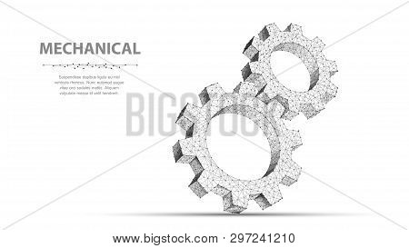 Gears. Closeup Abstract Vector Wireframe Two Gear. 3d Illustration Isolated On White.