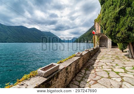 View Of Lake Lugano In A Cloudy Day From From Ancient Village Albogasio Oria, Italy