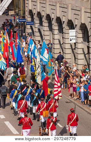 Zurich, Switzerland - August 1, 2018: Participants Of The Parade Devoted To The Swiss National Day P