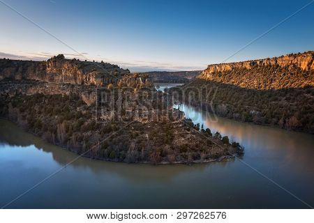 Hoces Del Duraton Canyon Natural Park During Golden Hour In Segovia, Spain.