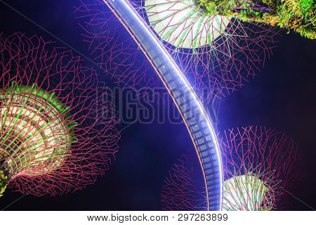 SINGAPORE, SINGAPORE - MARCH 2019: Supertree Grove & OCBC Skyway illuminated for light show in gardens by the bay