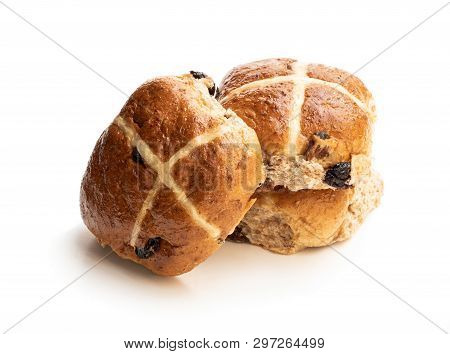 Easter  Cross Buns With Sultanas Isolated On White Background