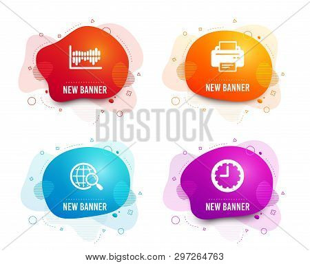 Liquid Badges. Set Of Column Diagram, Printer And Web Search Icons. Time Sign. Sale Statistics, Prin