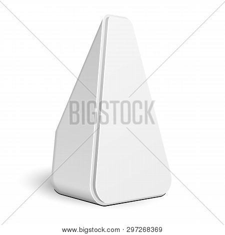 Mockup Stand Banner Stall Bar Display. Triangle Rounded Poi Blank Empty Retail. On White Background 