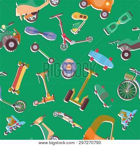 Different Urban Park Activity Sport Wheel Devices, Vehicles And Park Transport Vector  Pattern. Baby