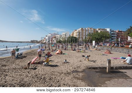 El Medano, Spain - December 12, 2015 : Tourist Relaxing In El Medano Beachon December 12, 2015, Tene