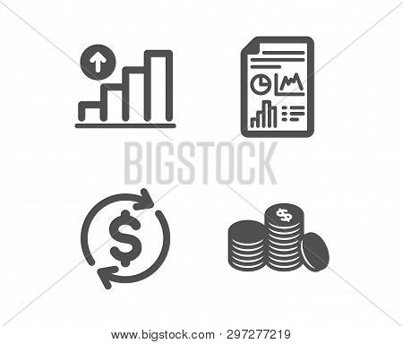 Set Of Graph Chart, Report Document And Usd Exchange Icons. Banking Money Sign. Growth Report, Growt
