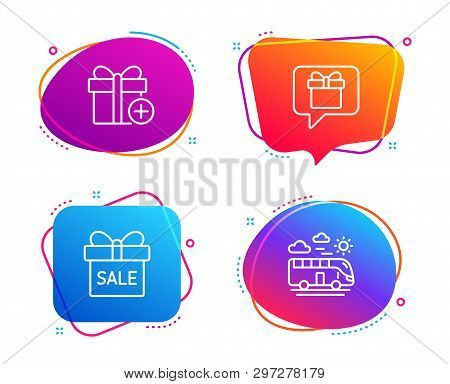 Wish List, Add Gift And Sale Offer Icons Simple Set. Bus Travel Sign. Present Box, Gift Box, Transpo