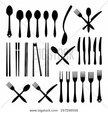Spoon Fork Knife And Chopsticks - Cutlery Icon Silhouette Set