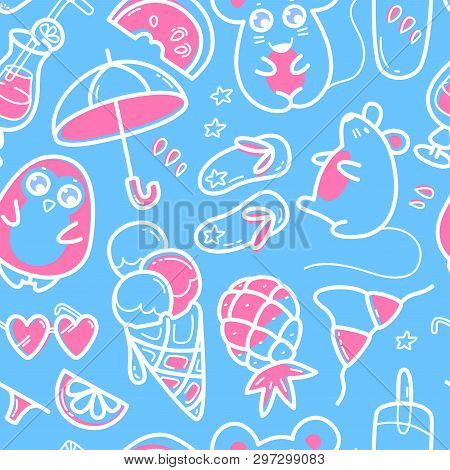 Kawaii Seamless Pattern With Super Cute Animals Penguin, Mouse And Summer Sweet Fruits, Coctals And 