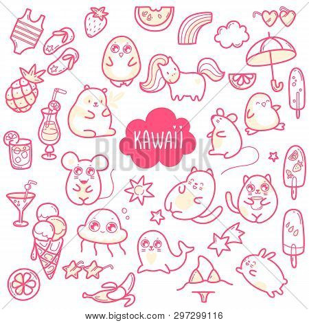 Kawaii Cute Collection Of Super Cute Animals Jellyfish, Panda, Bear, Pony, Penguin, Fur Seal, Seal, 