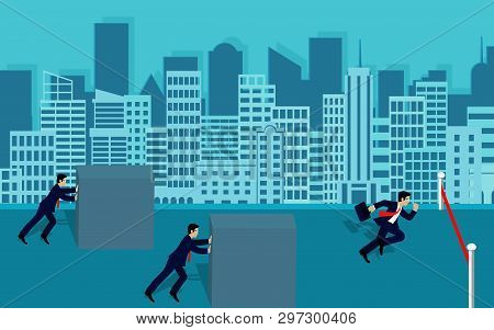 Businessman Compettion Push The Obstacle And Run Go To The Finish Line To Goal To Achieve Success On