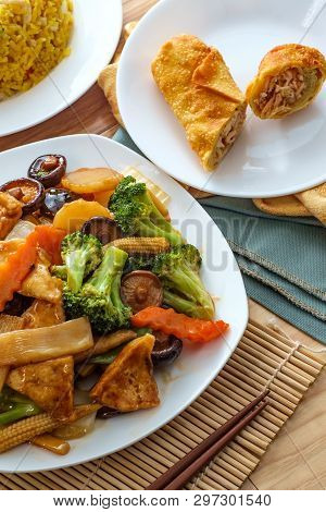 Buddha\\\'s Delight Sauteed Mixed Chinese Vegetables With Tofu Served With Chicken Fried Rice And An
